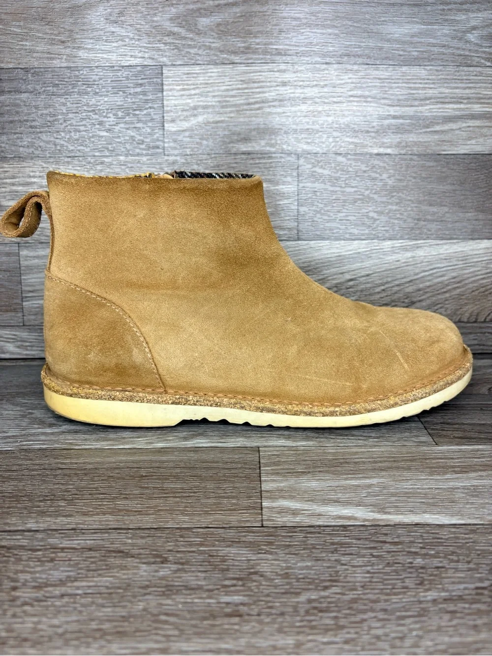 Birkenstock Melrose Tan Suede Zip Up Ankle Boot Plaid Lining Women’s Sz 40 or 9